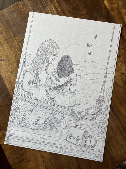 Vue rapprochée de l’illustration hommage à Dolly Parton, imprimée en noir et blanc.