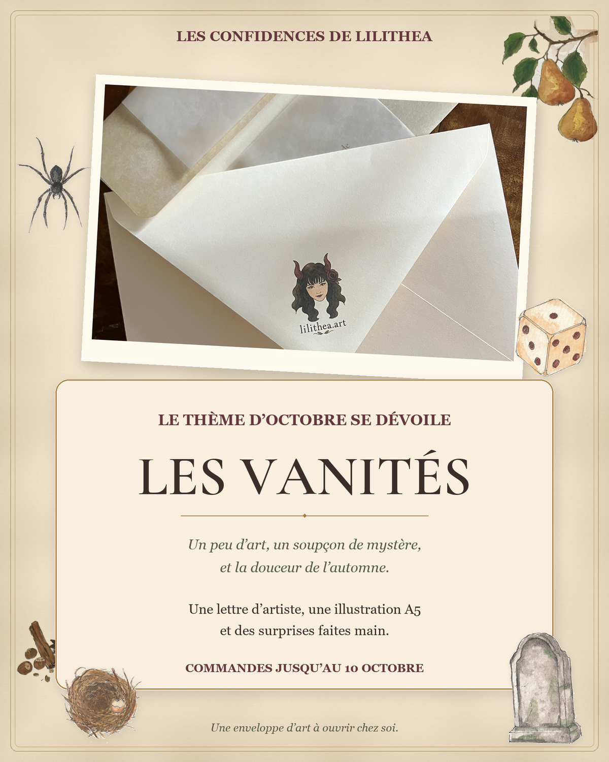 Le thème d’octobre se dévoile : « Les Vanités ». Photo de l’enveloppe, stickers originaux de Lilithea et détails de son aquarelle de recette. Commandes jusqu’au 10 octobre.