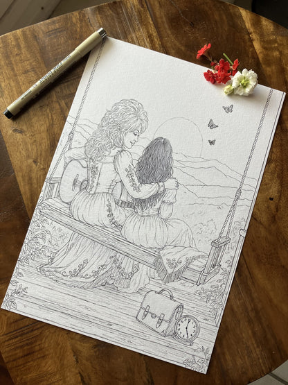 Illustration en noir et blanc hommage à Dolly Parton, photographiée avec un stylo et des fleurs.