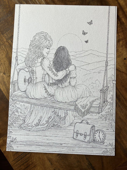 Illustration complète hommage à Dolly Parton, avec montagnes, guitare, papillons et réveil.