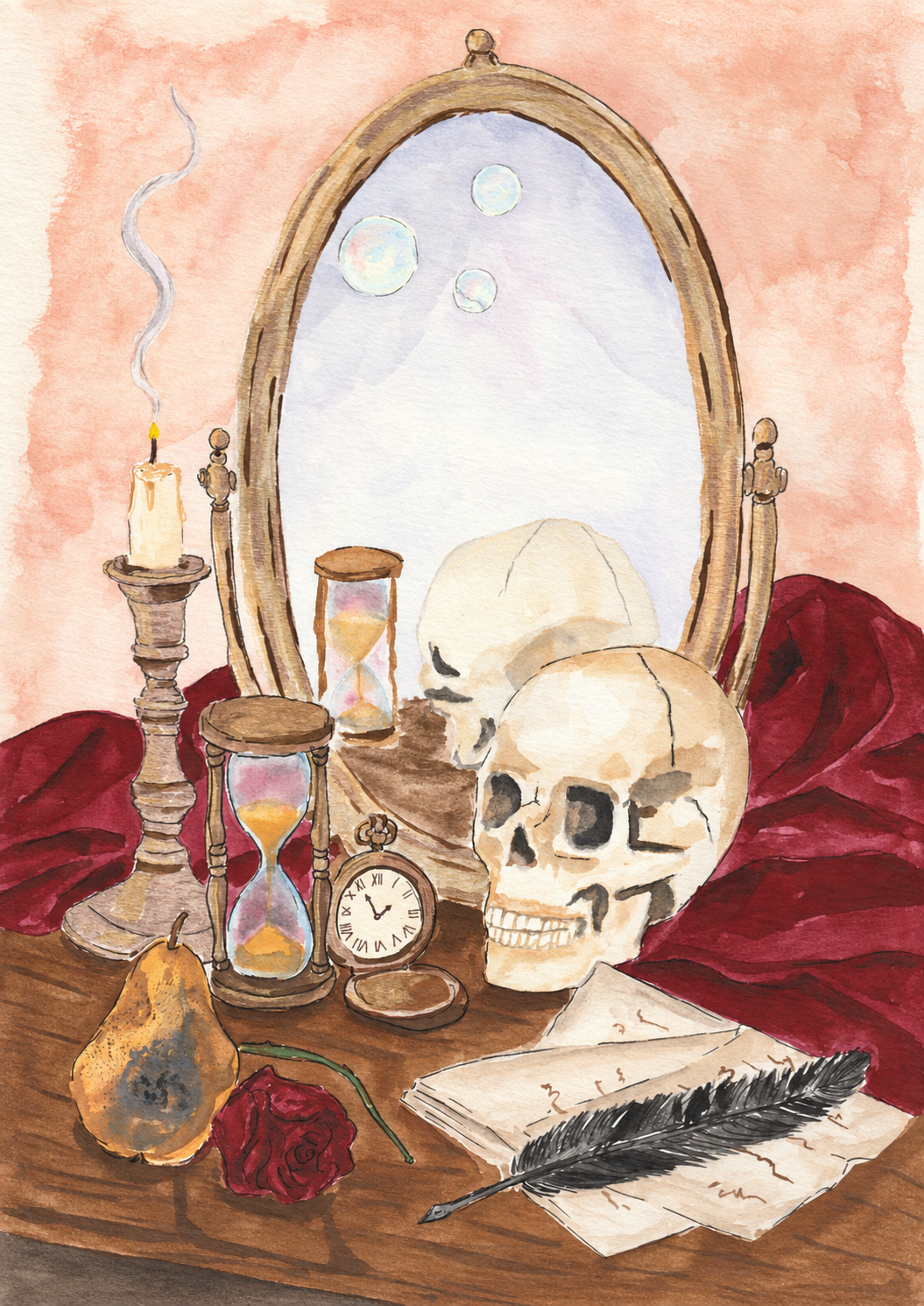 Illustration A5 Les Vanités de Lilithea, édition d’octobre 2026 : miroir ancien, crâne, sabliers, bougie, montre, rose et plume à l’aquarelle.
